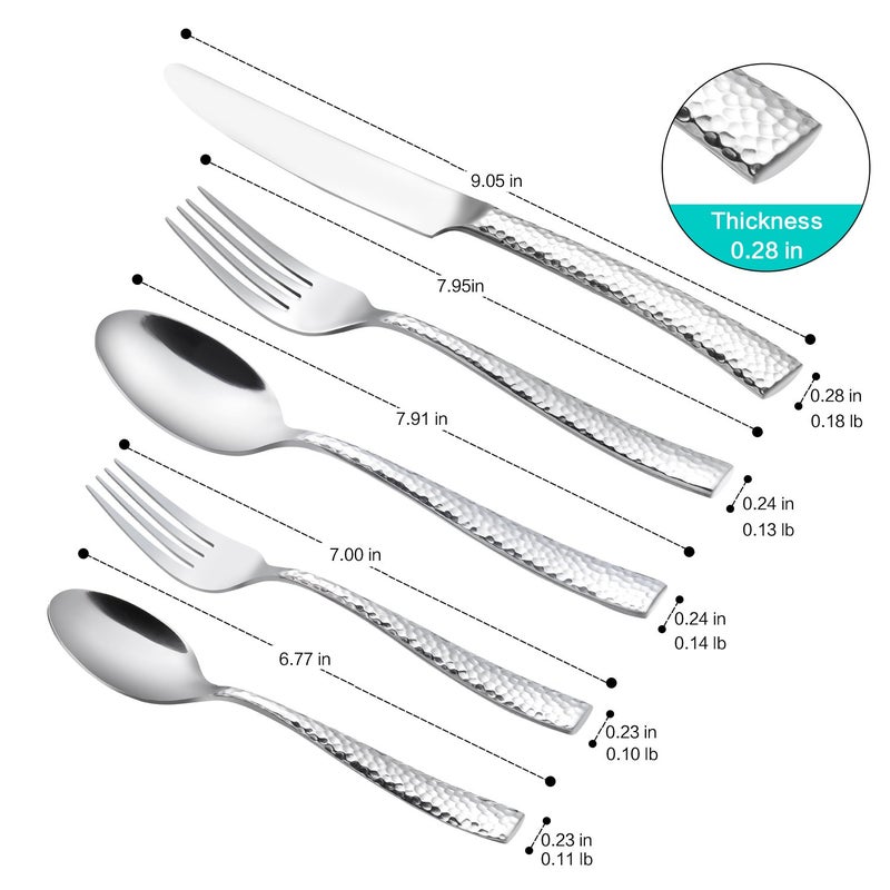 Flatasy Flatware Silverware Set Hammered Mirror Polished Stainless Steel 20 Piece Set for Home Kitchen Restaurant Hotel Housewarming Wedding Gift Service for 4 - Image 2
